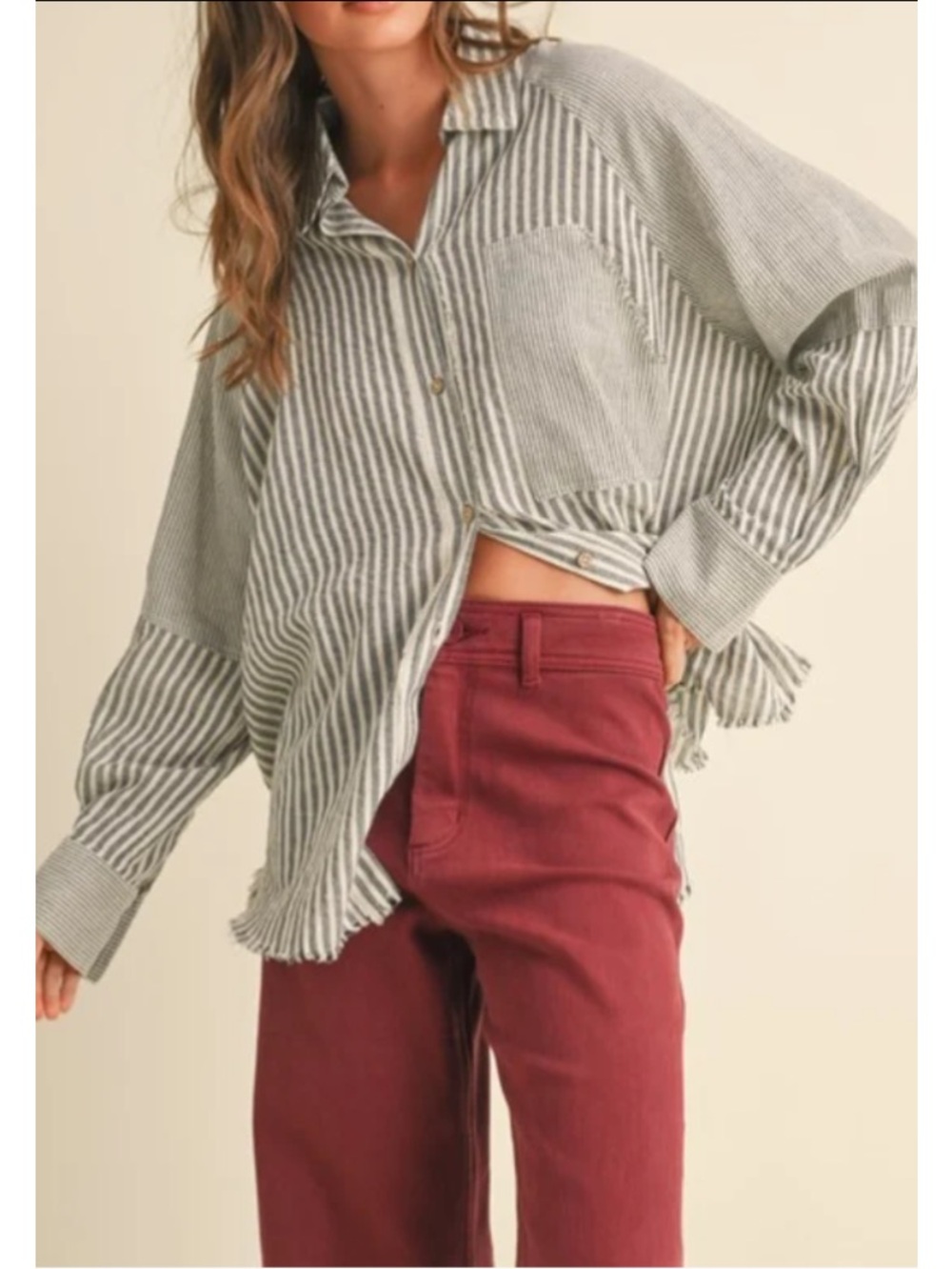 MIOU MUSE Women's Gray & White Striped Button-Down Shirt
